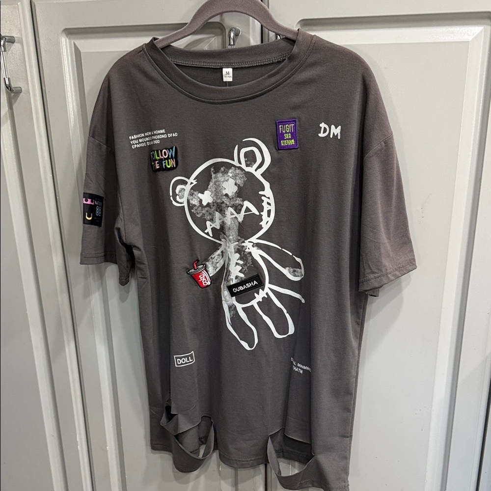 Y2K Graphic Goth Teddy Bear Patch Sz M Vtg Tee Charcoal Grey Distressed